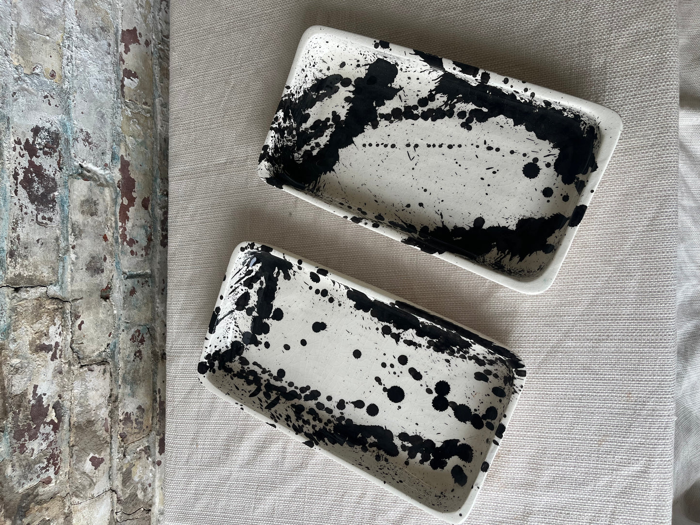Handcrafted Ceramic Trays with Black Abstract Splatter Design