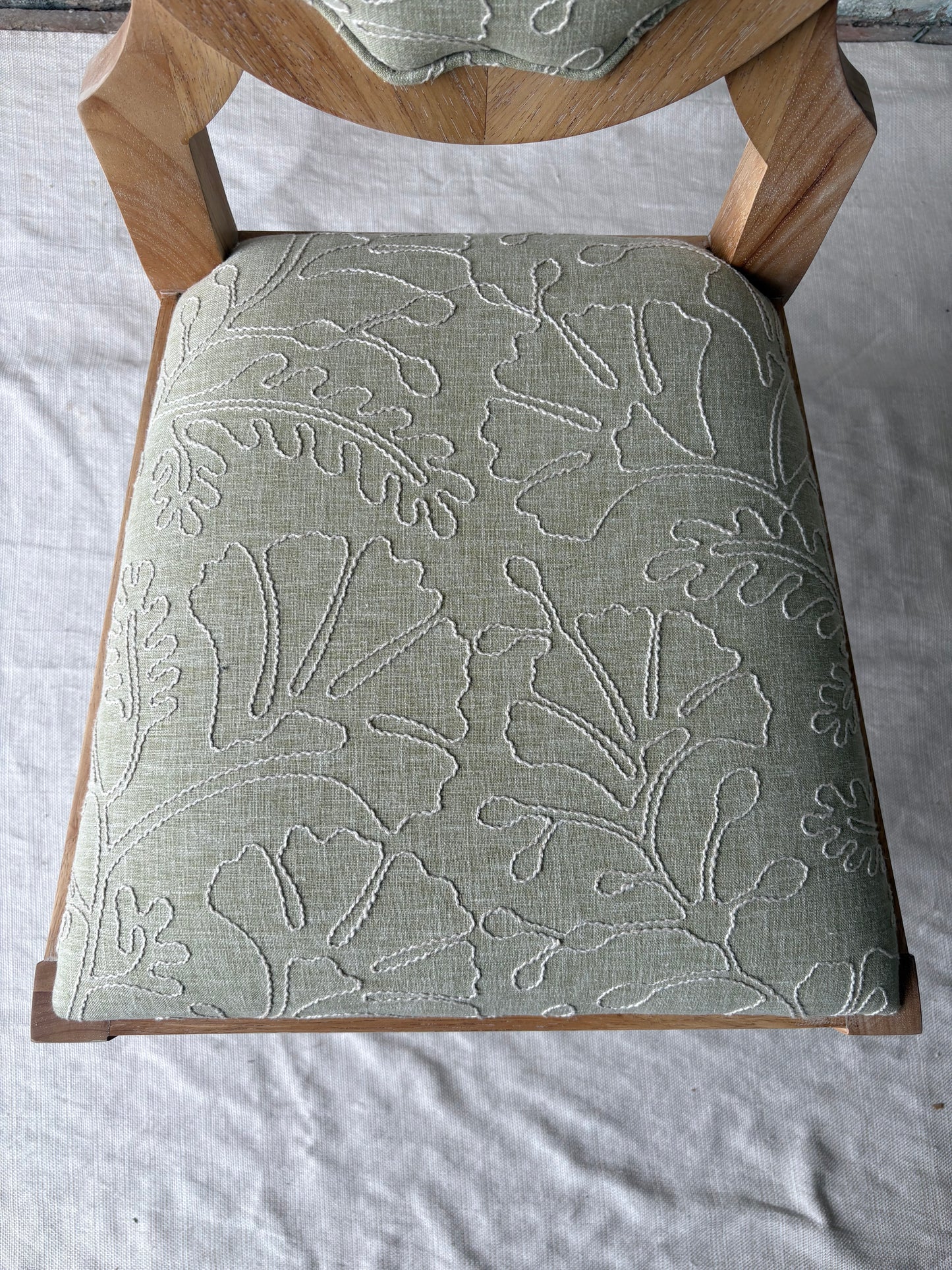 Sage Green Upholstered Vanity Chair with Sculptural Wood Frame