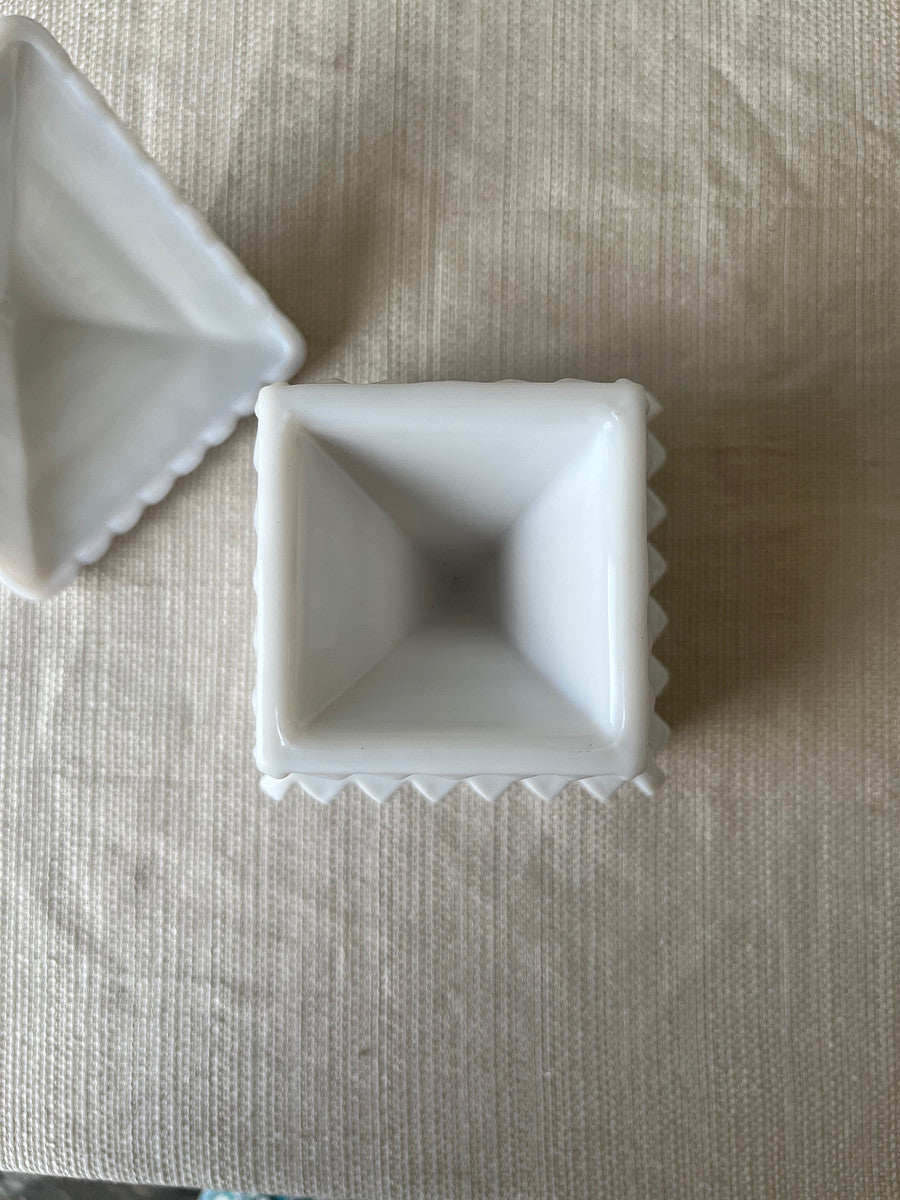 Vintage White Milk Glass Candy Dish with Lid – Geometric Pedestal Design