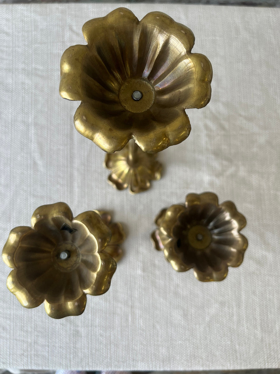 Vintage Brass Tulip Candlestick Trio – Sculptural Flower Form