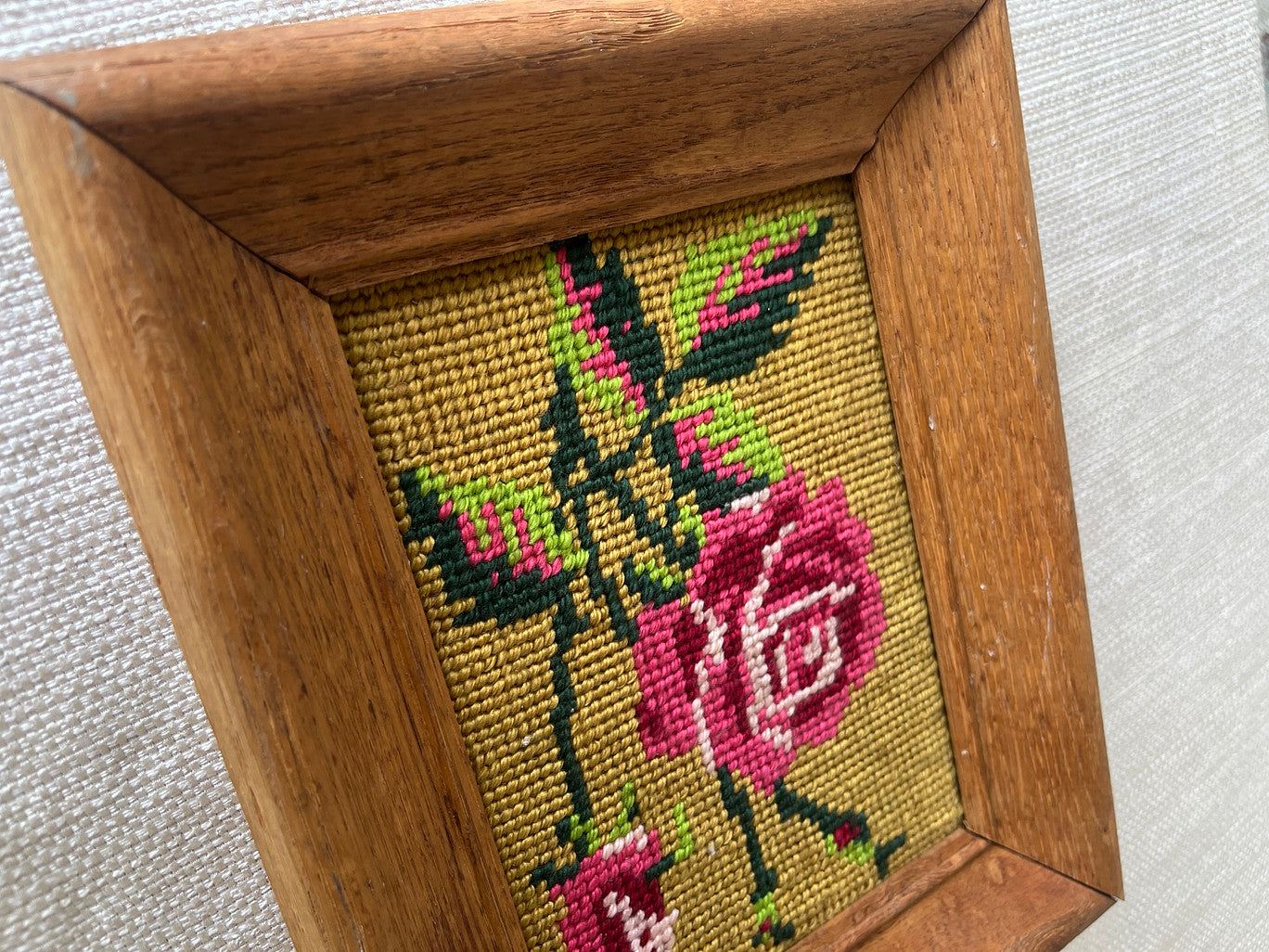 Vintage Framed Needlepoint Rose | Mid-Century Floral Wall Art