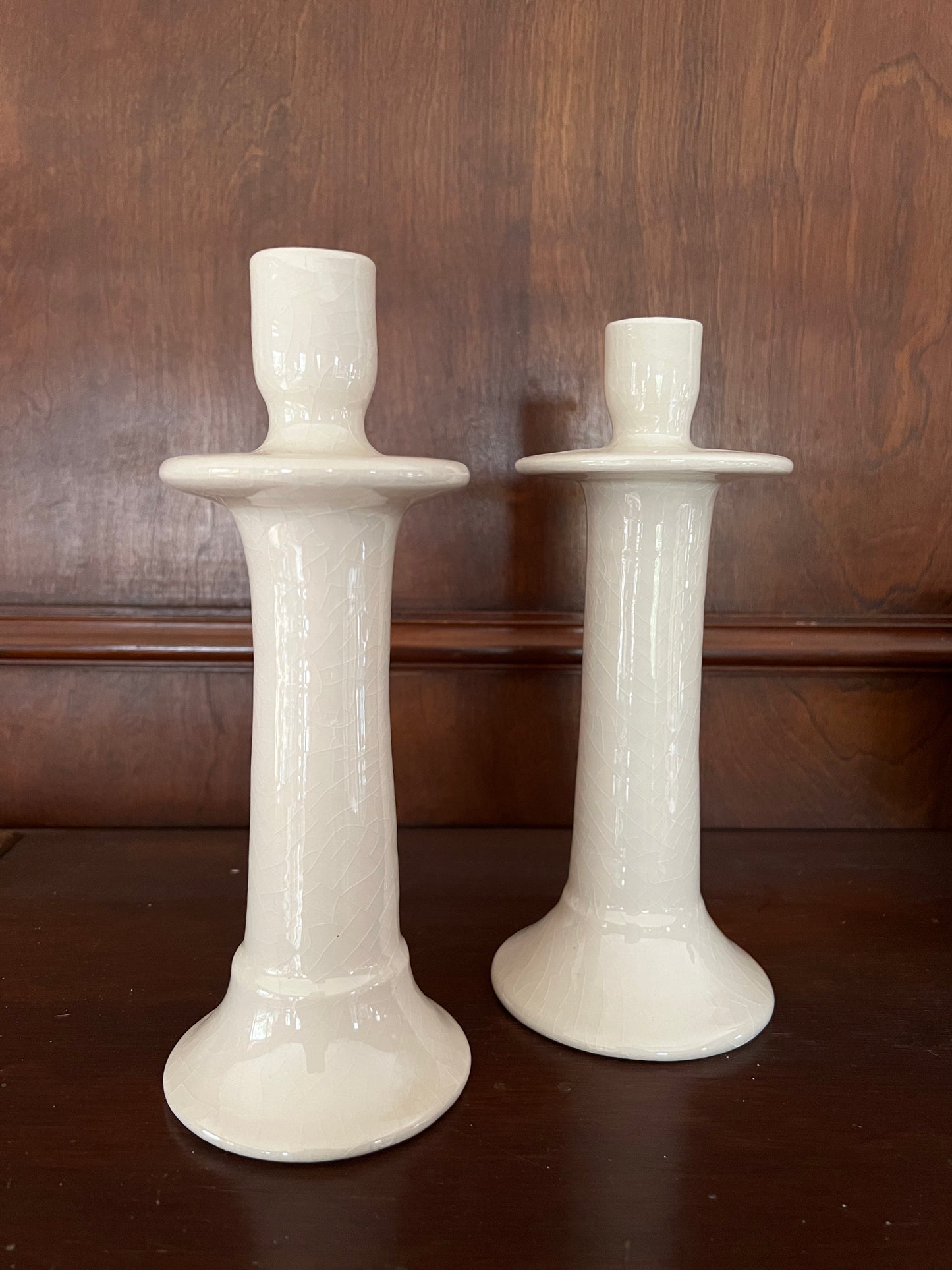 Creamy Eggshell Crackle Candlesticks - Pair