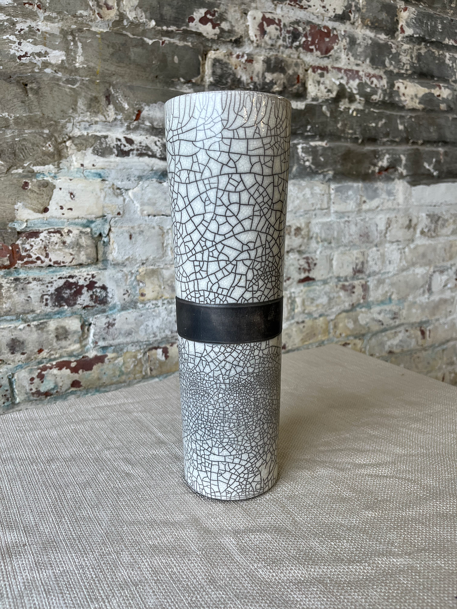 Crackle-Glazed Tall Cylinder Vase with Black Band