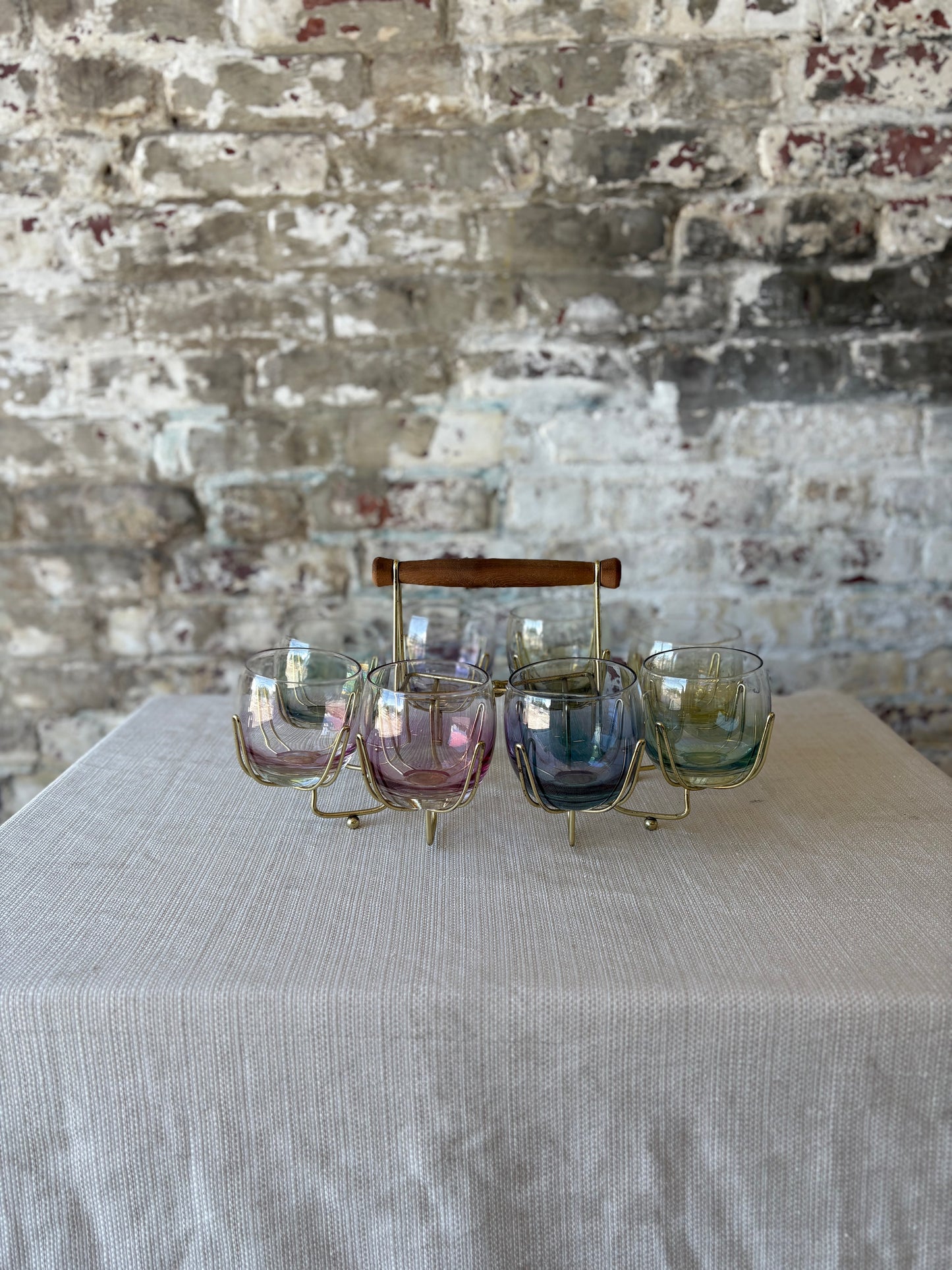 Iridescent Roly Poly Glasses with Gold Caddy – Set of 8