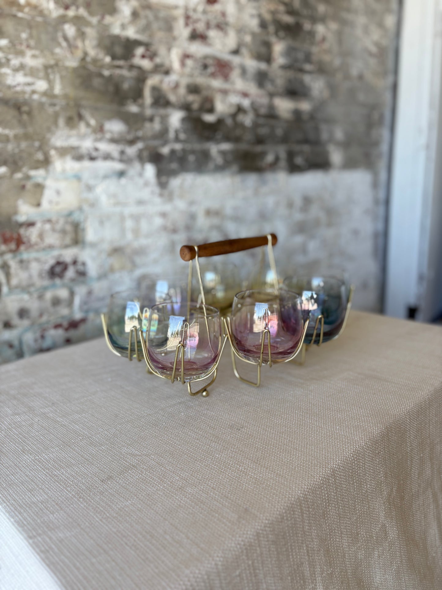Iridescent Roly Poly Glasses with Gold Caddy – Set of 8