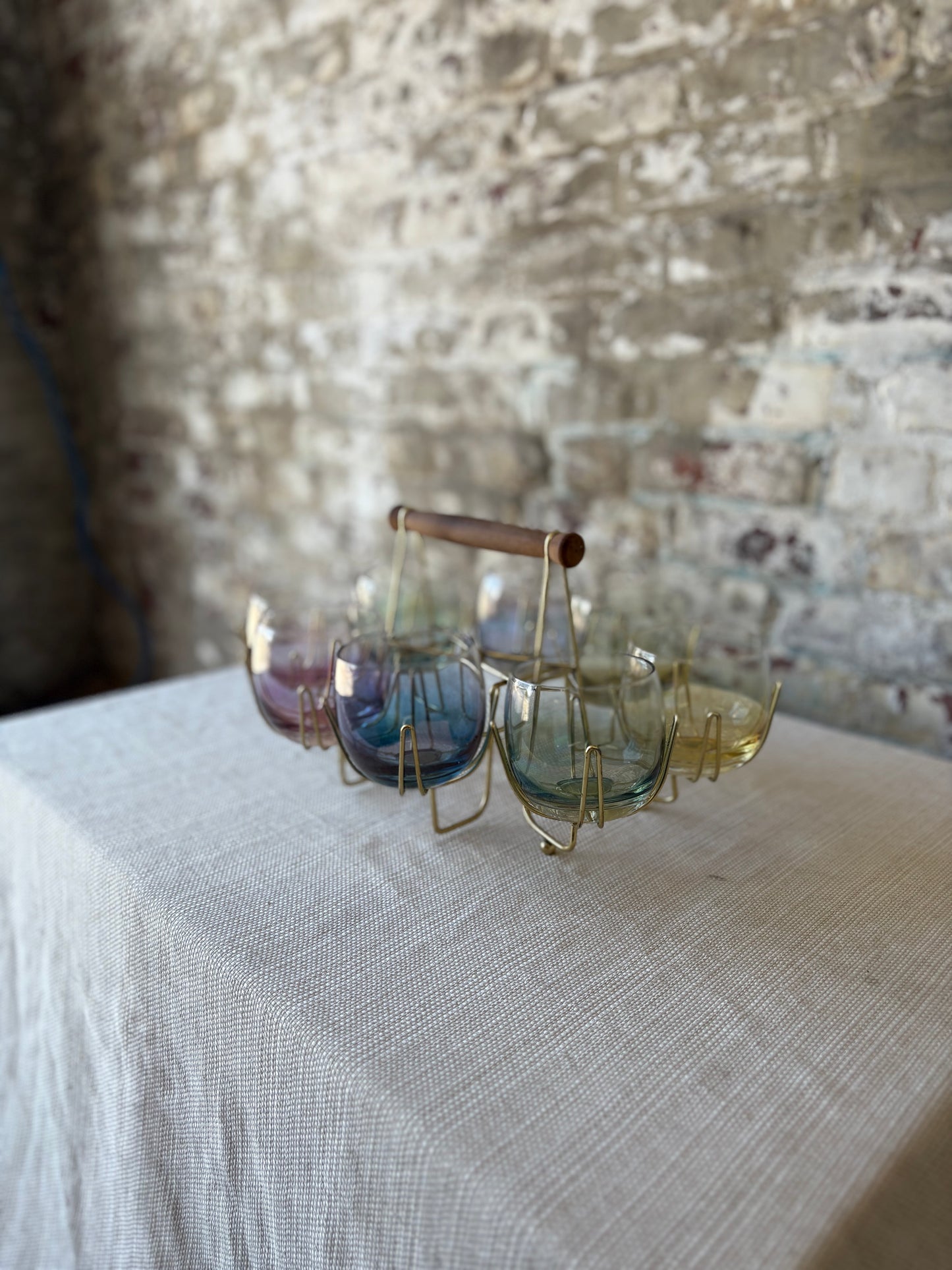 Iridescent Roly Poly Glasses with Gold Caddy – Set of 8