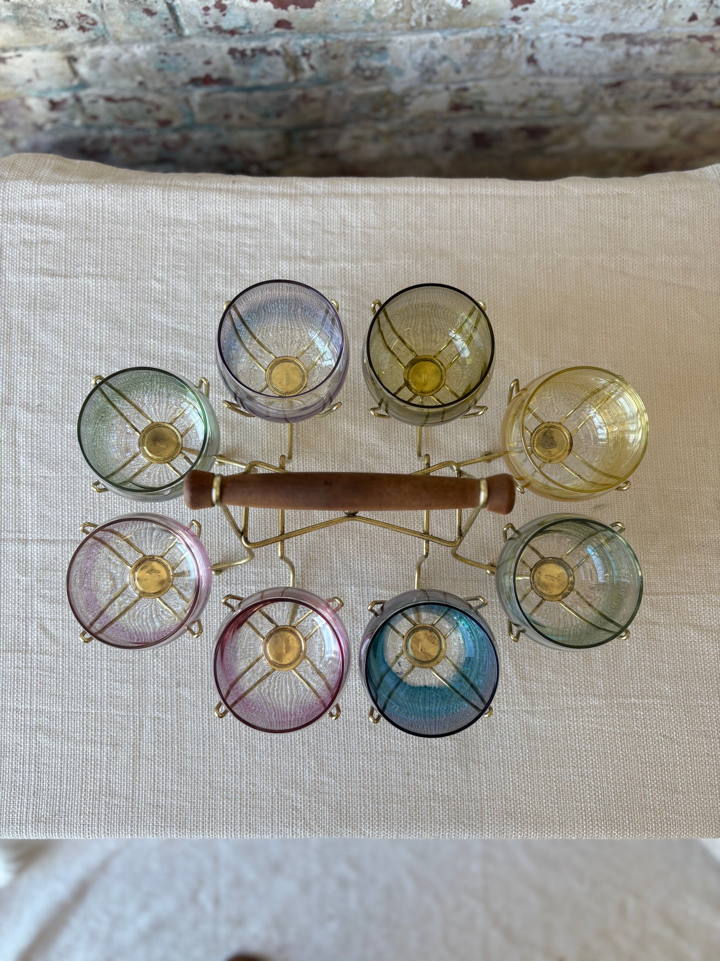 Iridescent Roly Poly Glasses with Gold Caddy – Set of 8