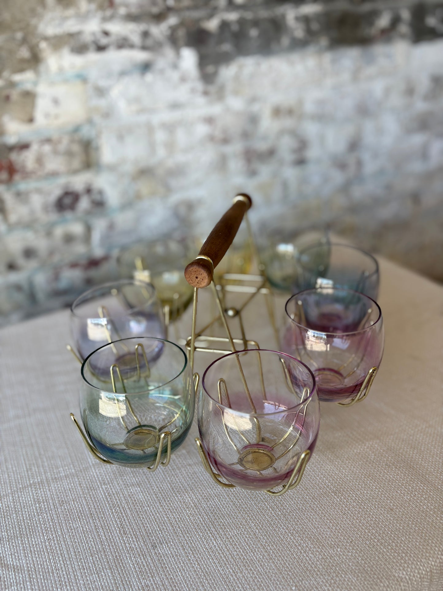 Iridescent Roly Poly Glasses with Gold Caddy – Set of 8