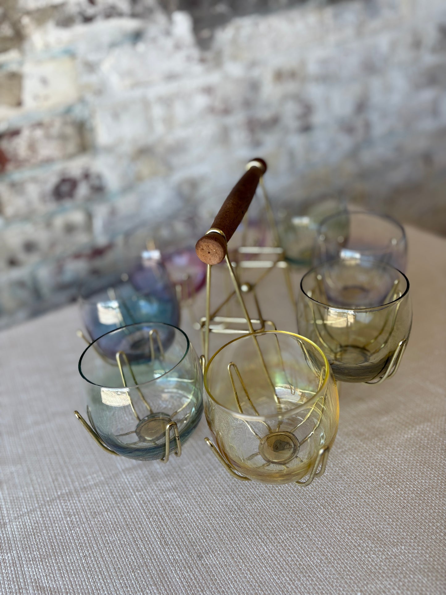 Iridescent Roly Poly Glasses with Gold Caddy – Set of 8