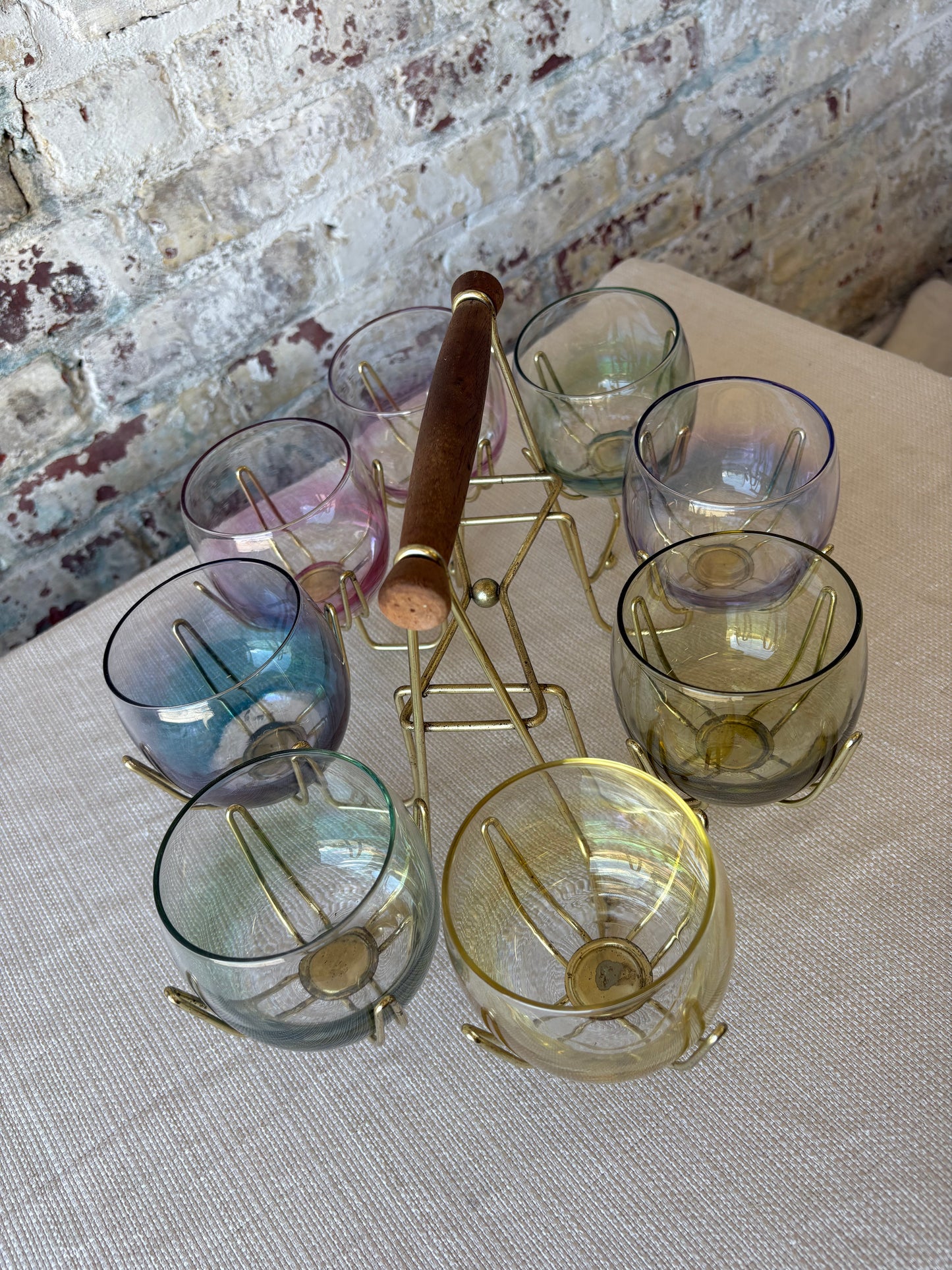 Iridescent Roly Poly Glasses with Gold Caddy – Set of 8