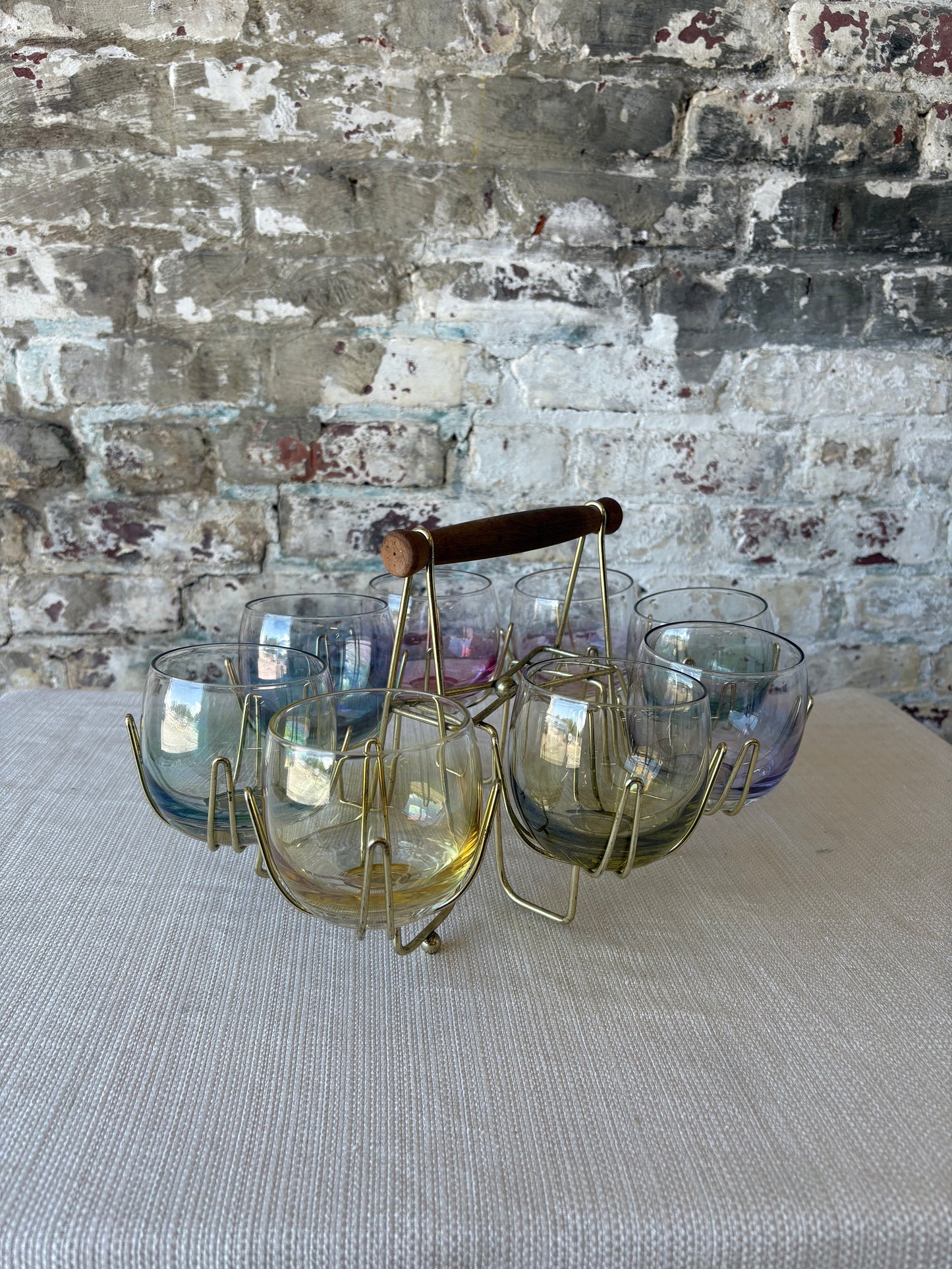 Iridescent Roly Poly Glasses with Gold Caddy – Set of 8