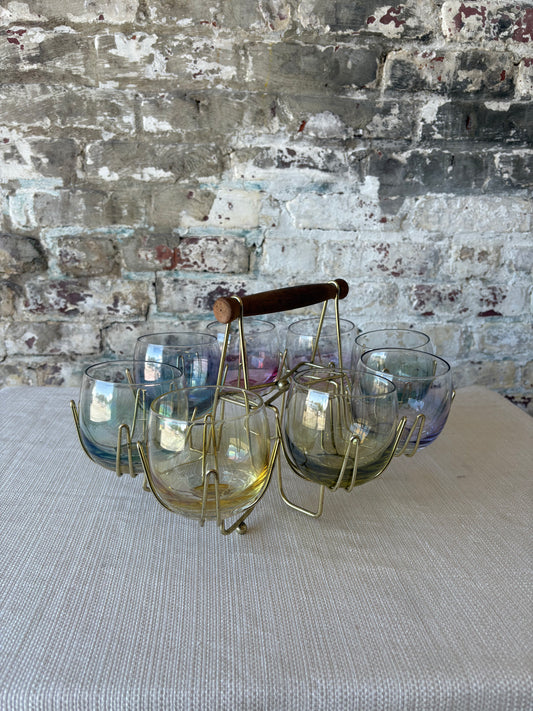Iridescent Roly Poly Glasses with Gold Caddy – Set of 8