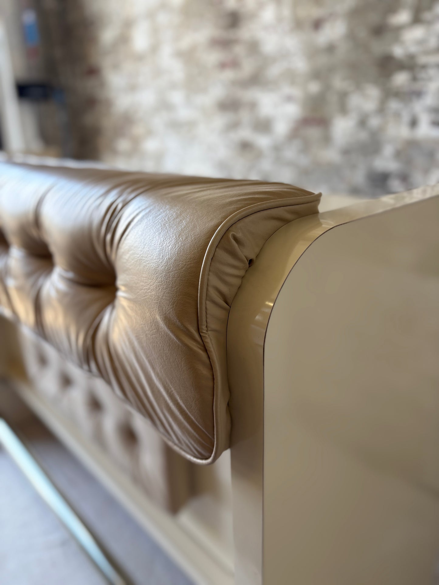 Beige Vinyl Tufted Bar with Matching Swivel Stools
