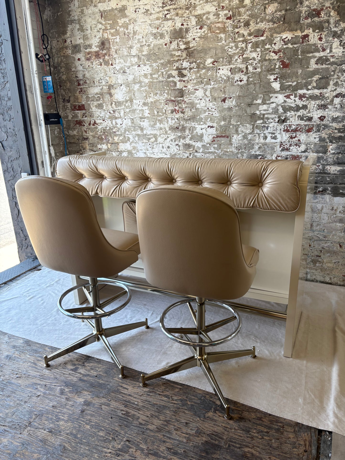 Beige Vinyl Tufted Bar with Matching Swivel Stools