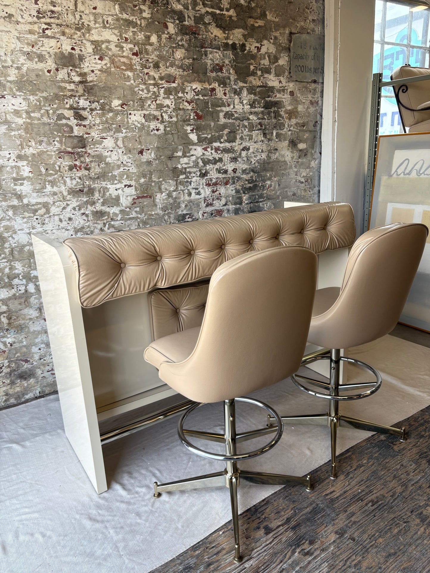 Beige Vinyl Tufted Bar with Matching Swivel Stools