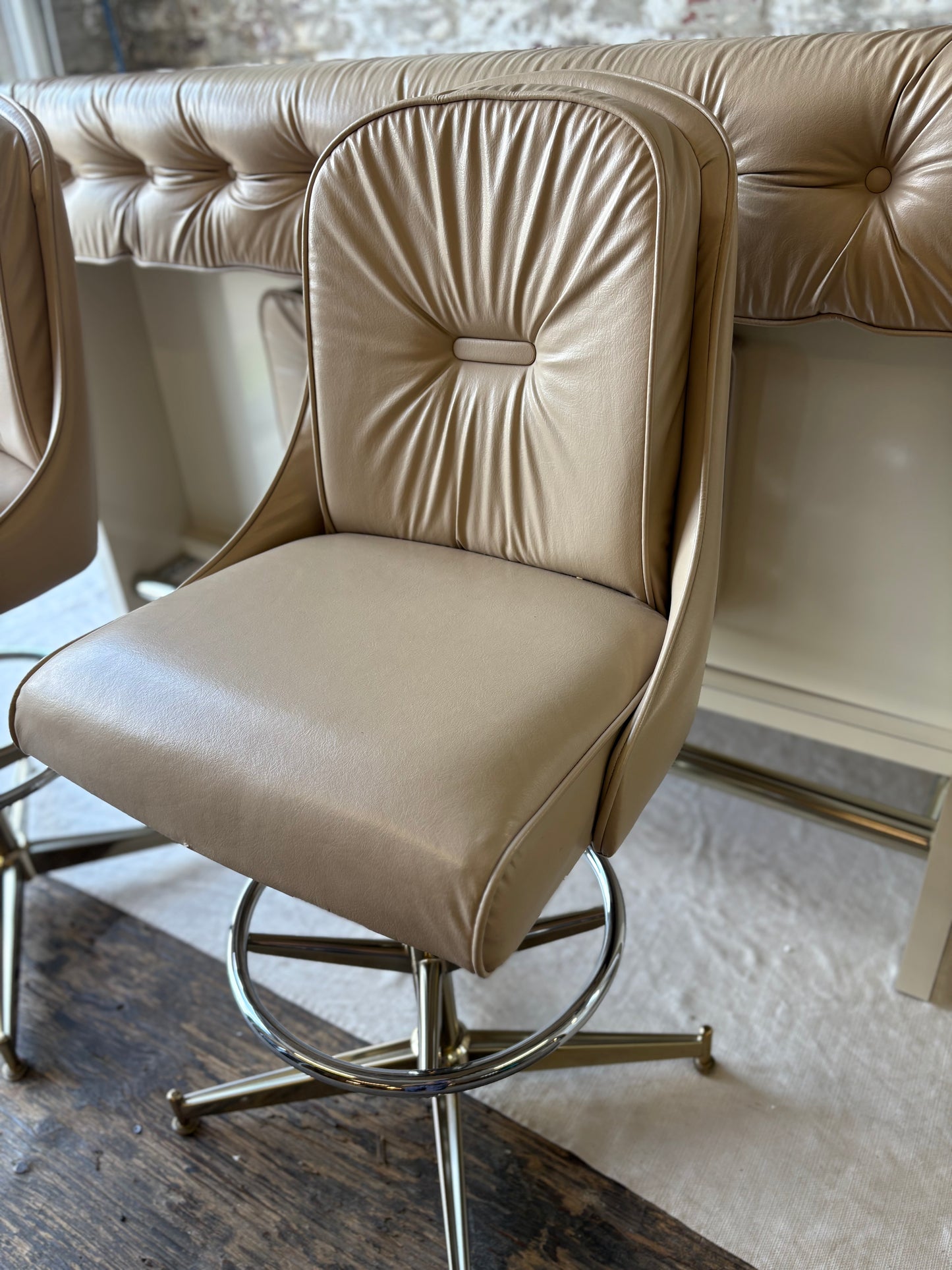 Beige Vinyl Tufted Bar with Matching Swivel Stools