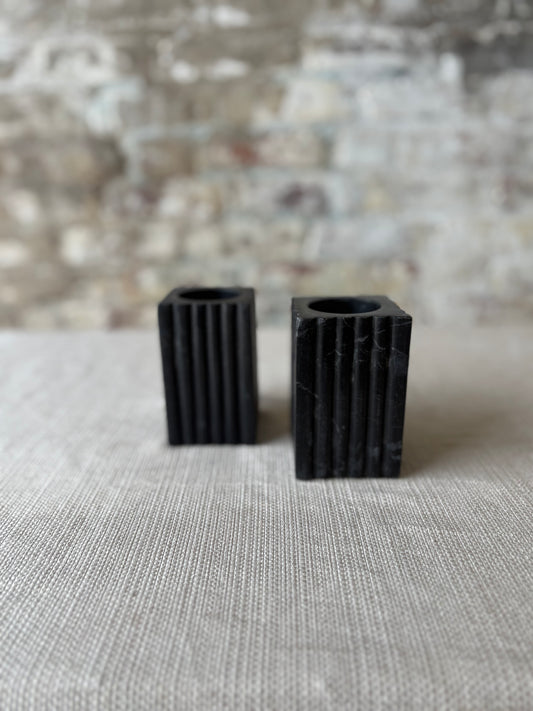 Set of 2 Fluted Black Marble Tea Light Holders