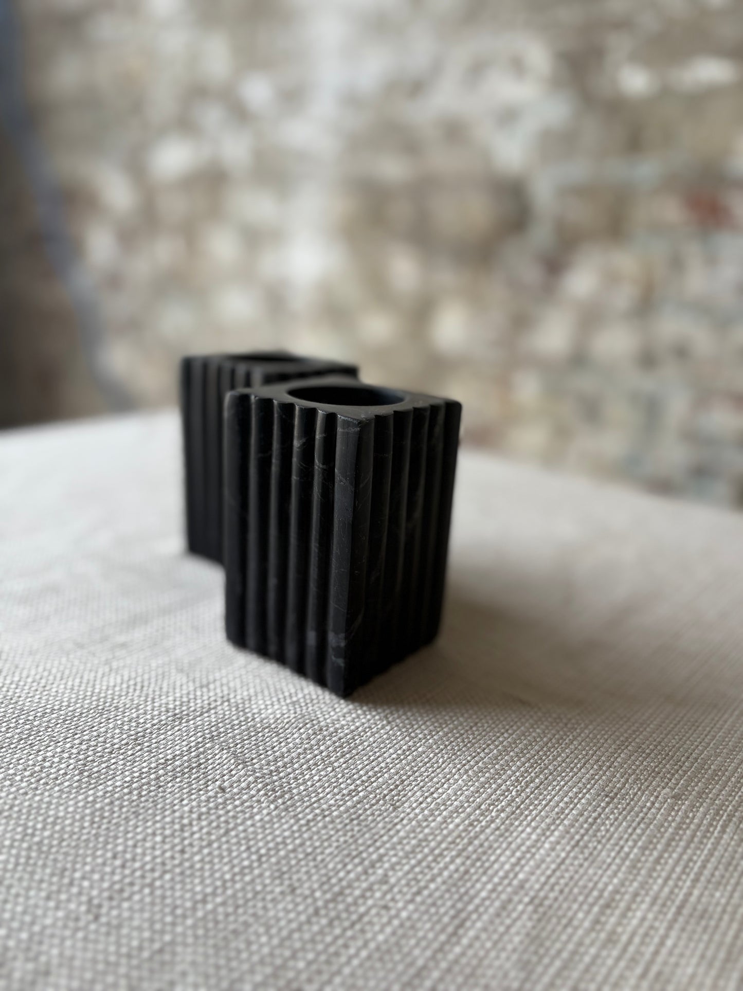 Set of 2 Fluted Black Marble Tea Light Holders