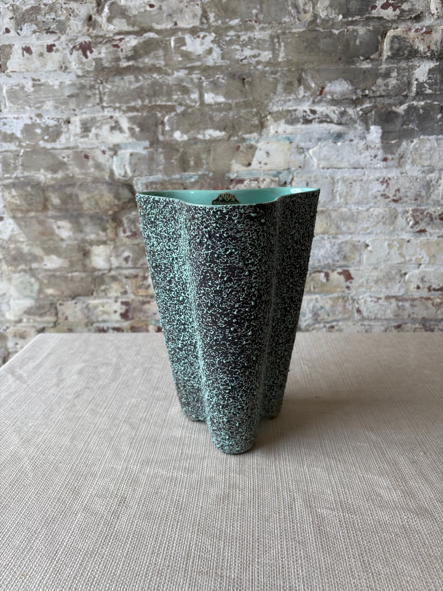 Vintage Kenwood Art Pottery Sculptural Vase – Aqua & Black Speckled Glaze