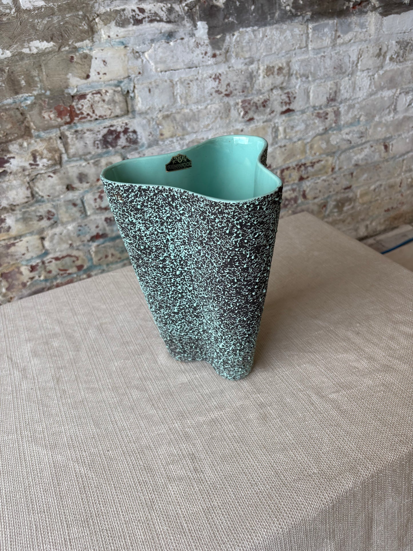 Vintage Kenwood Art Pottery Sculptural Vase – Aqua & Black Speckled Glaze