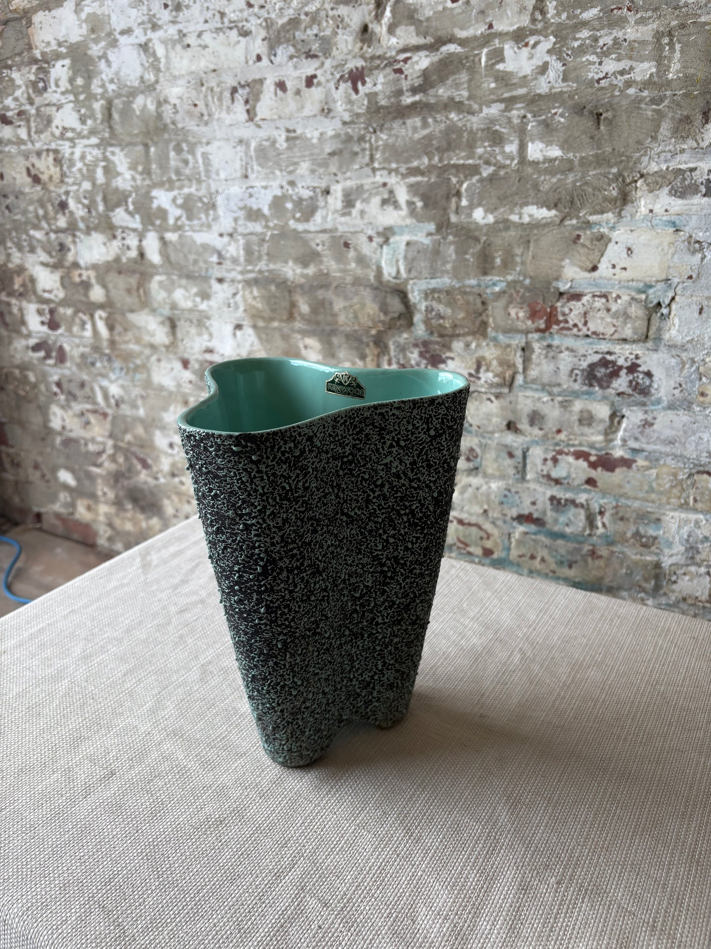 Vintage Kenwood Art Pottery Sculptural Vase – Aqua & Black Speckled Glaze