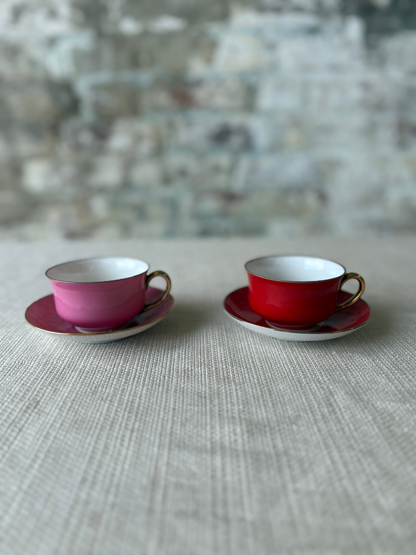 Pair of Vintage Victoria Czechoslovakia Porcelain Teacups & Saucers