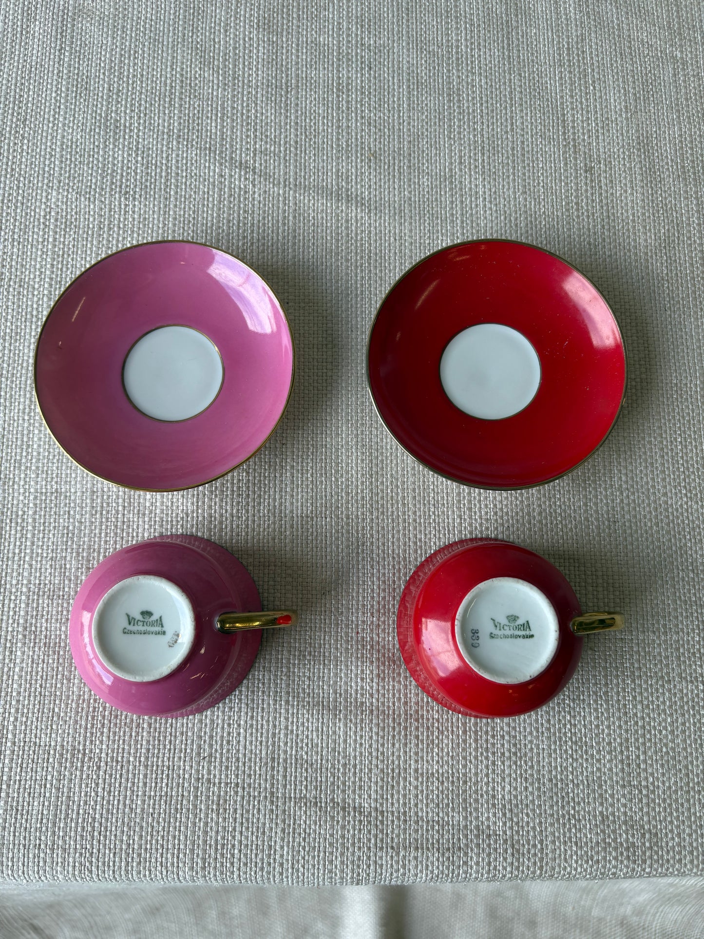 Pair of Vintage Victoria Czechoslovakia Porcelain Teacups & Saucers