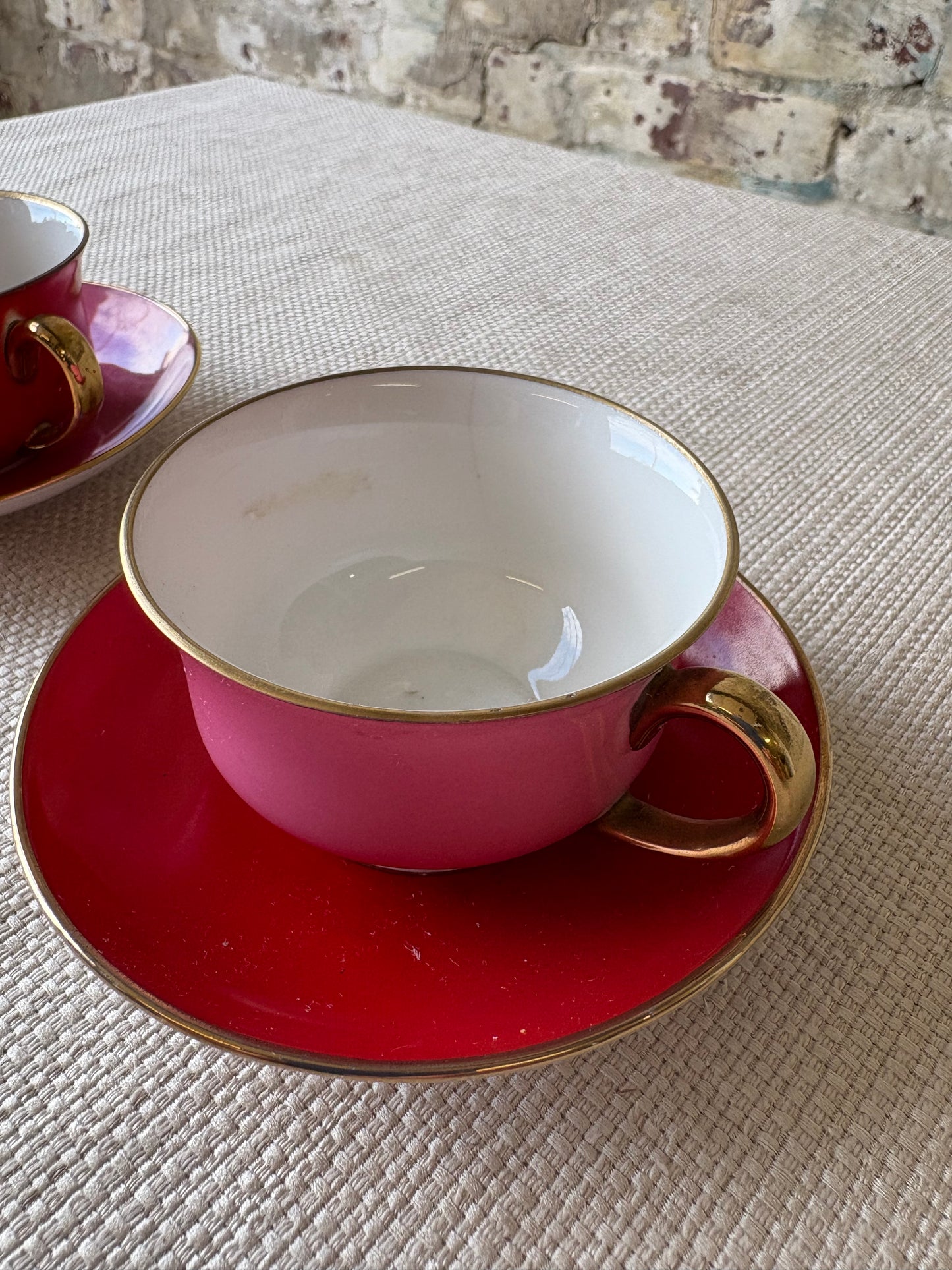 Pair of Vintage Victoria Czechoslovakia Porcelain Teacups & Saucers