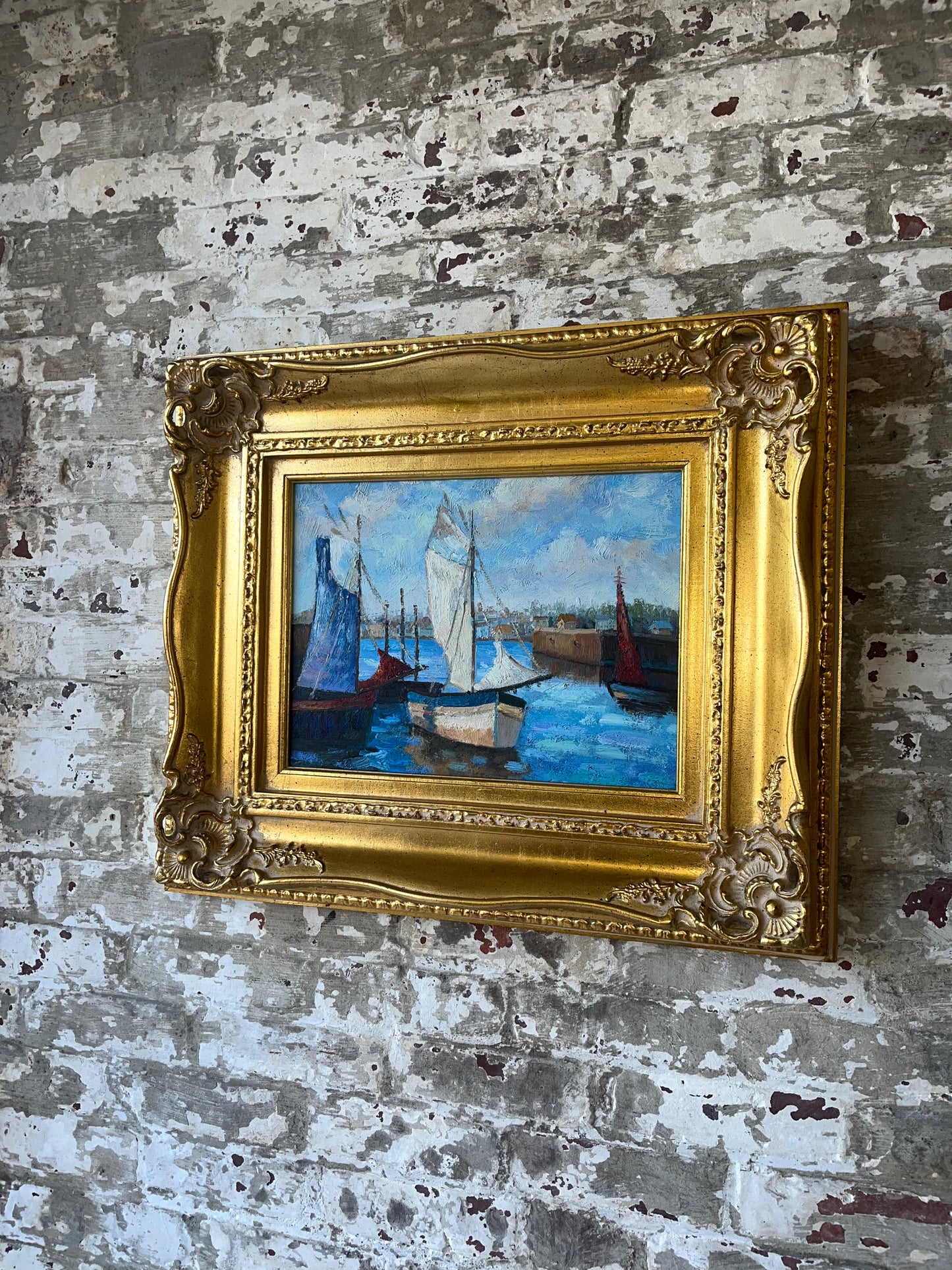 Vintage Canvas of Sailboats With Gold Gilded Frame