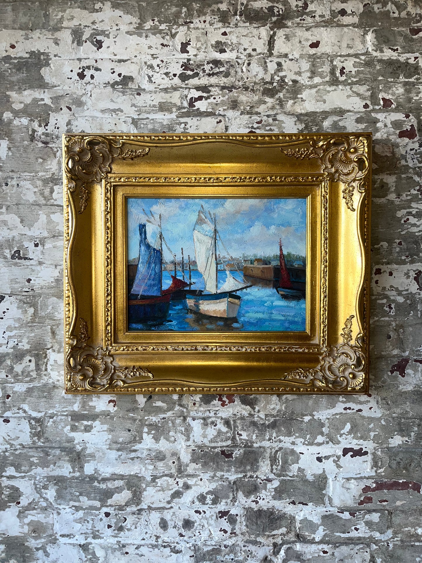 Vintage Canvas of Sailboats With Gold Gilded Frame
