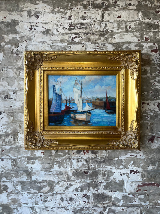 Vintage Canvas of Sailboats With Gold Gilded Frame