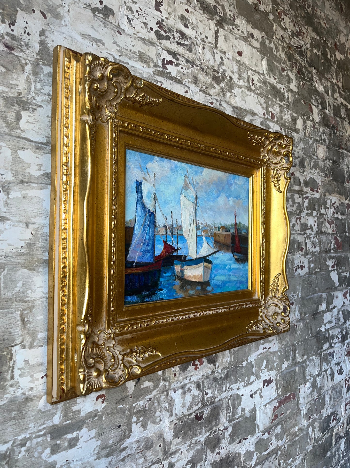 Vintage Canvas of Sailboats With Gold Gilded Frame