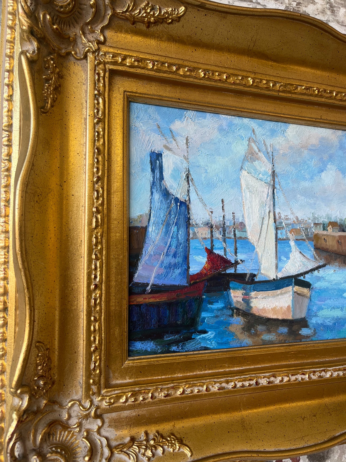 Vintage Canvas of Sailboats With Gold Gilded Frame