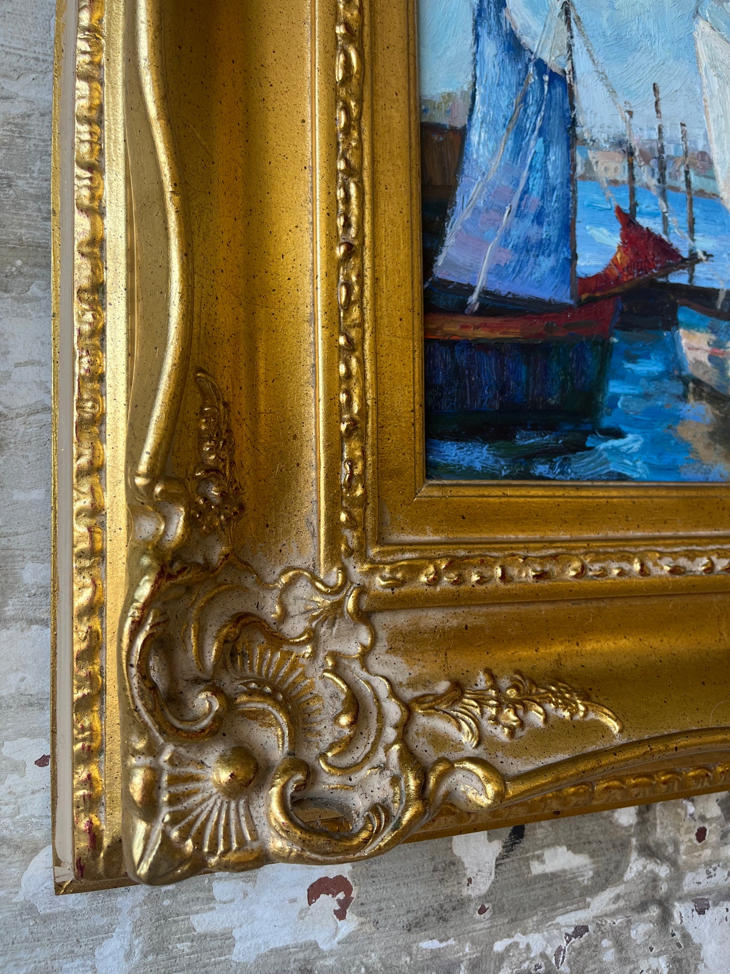 Vintage Canvas of Sailboats With Gold Gilded Frame