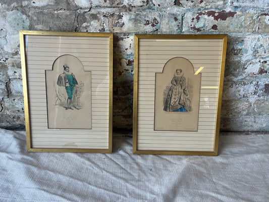 Vintage Framed Costume Prints – King & Queen – Gold Frame – Historical Fashion Art