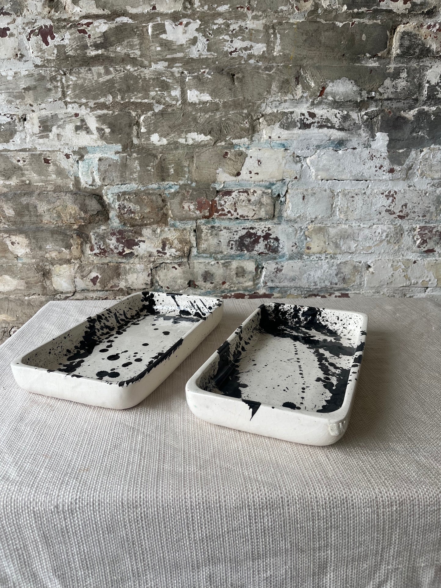 Handcrafted Ceramic Trays with Black Abstract Splatter Design