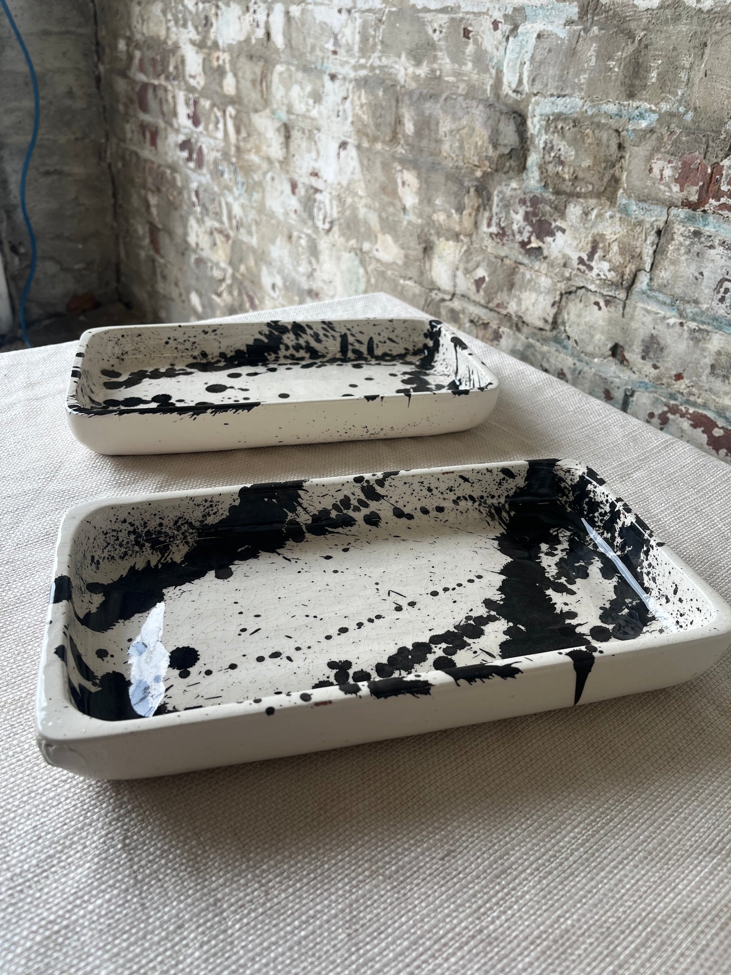 Handcrafted Ceramic Trays with Black Abstract Splatter Design