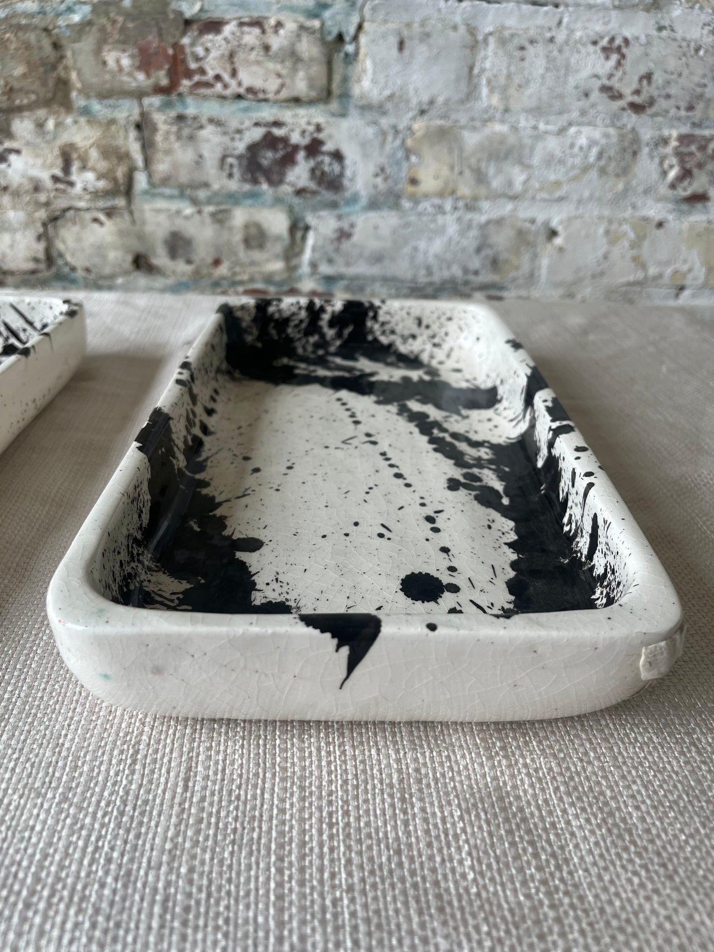 Handcrafted Ceramic Trays with Black Abstract Splatter Design
