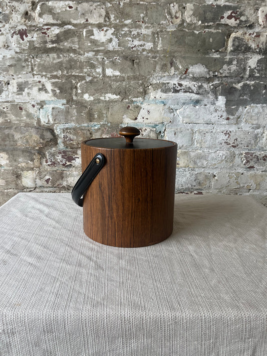Vintage Mid-Century Modern Ice Bucket - Faux Wood with Black Handle