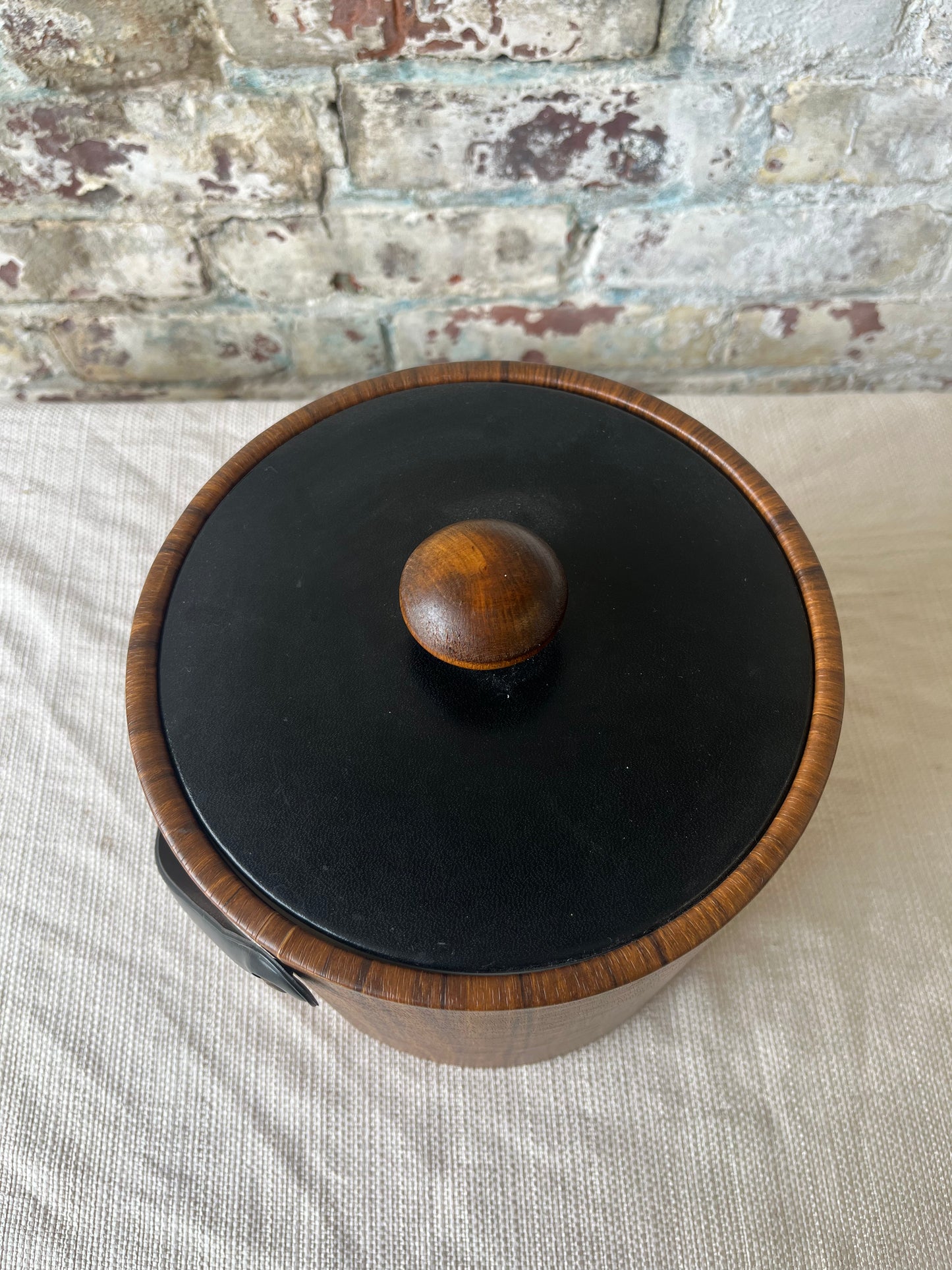Vintage Mid-Century Modern Ice Bucket - Faux Wood with Black Handle