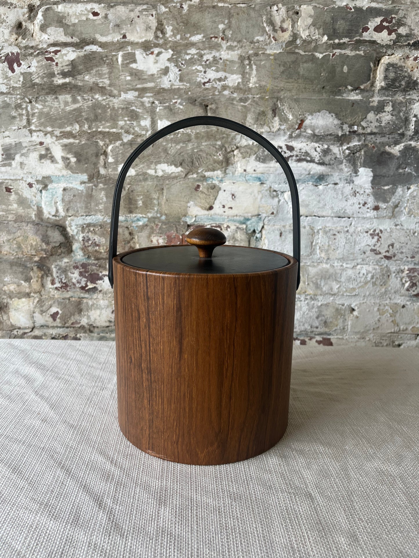 Vintage Mid-Century Modern Ice Bucket - Faux Wood with Black Handle