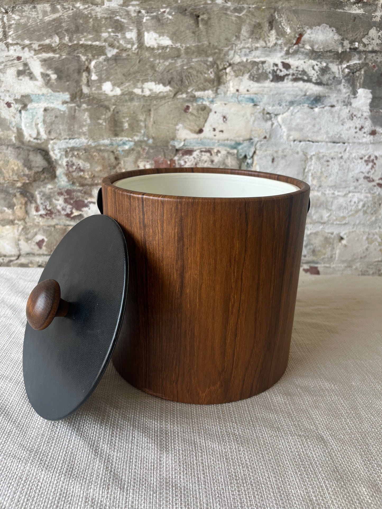 Vintage Mid-Century Modern Ice Bucket - Faux Wood with Black Handle