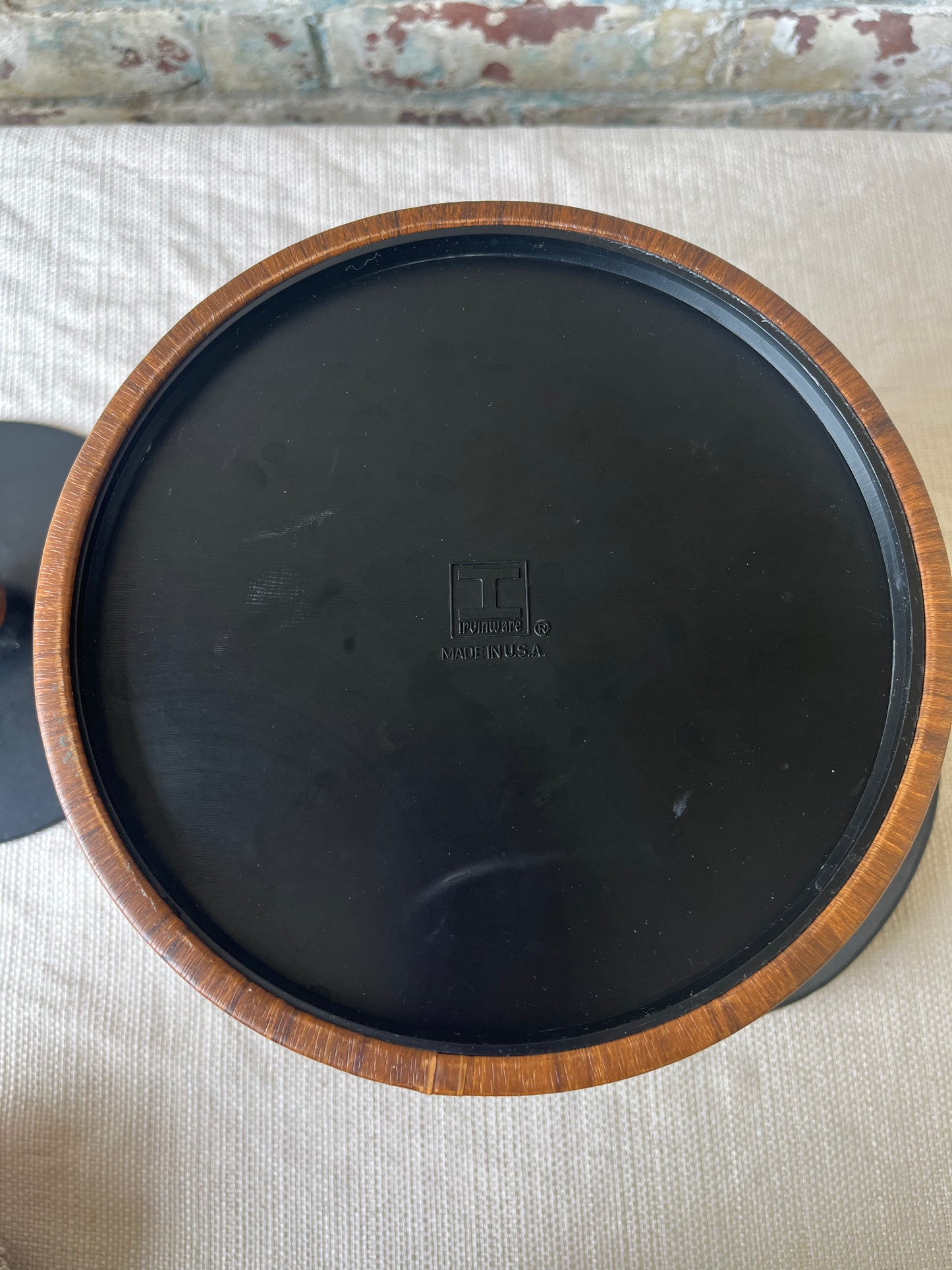 Vintage Mid-Century Modern Ice Bucket - Faux Wood with Black Handle