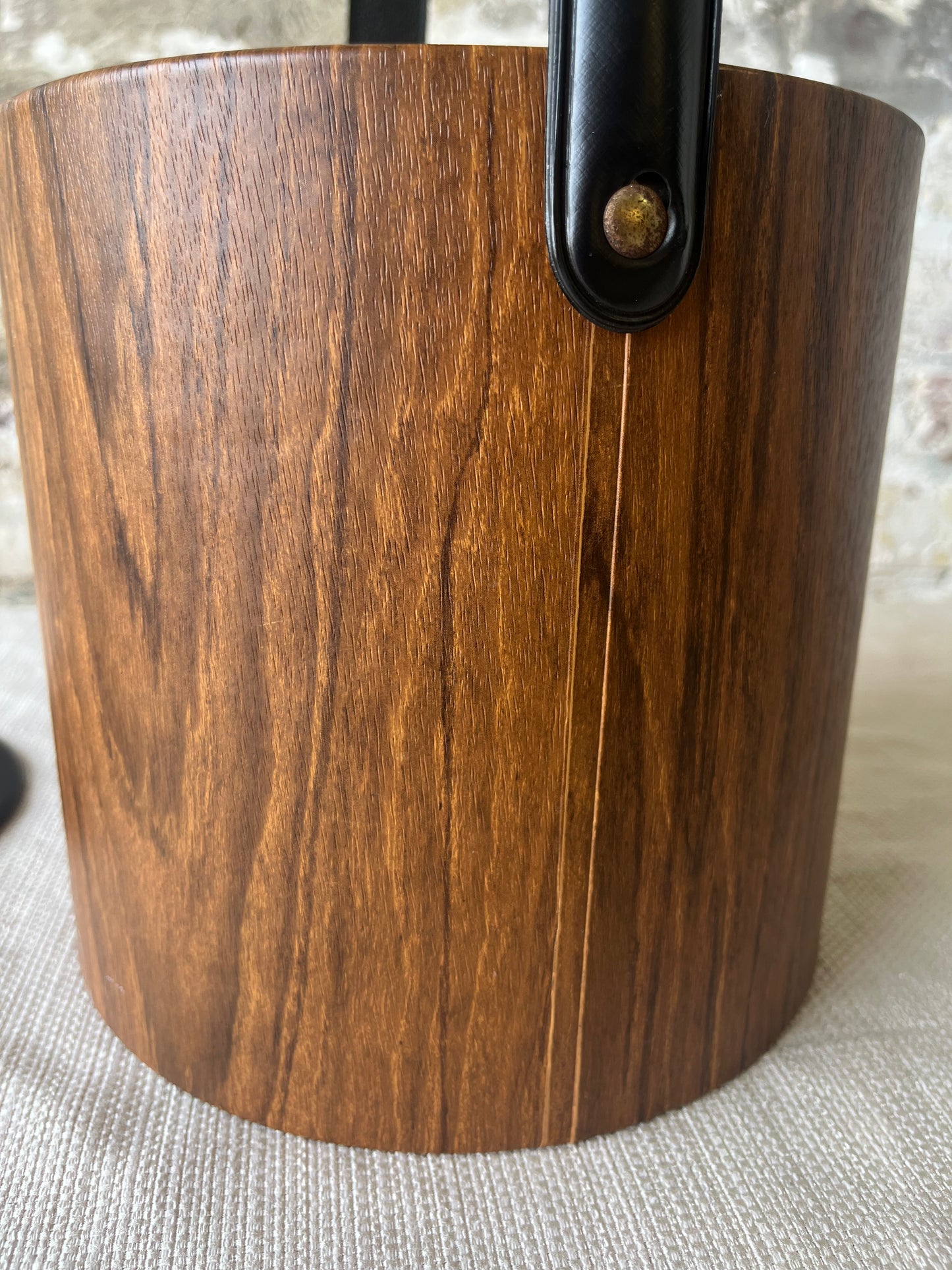 Vintage Mid-Century Modern Ice Bucket - Faux Wood with Black Handle
