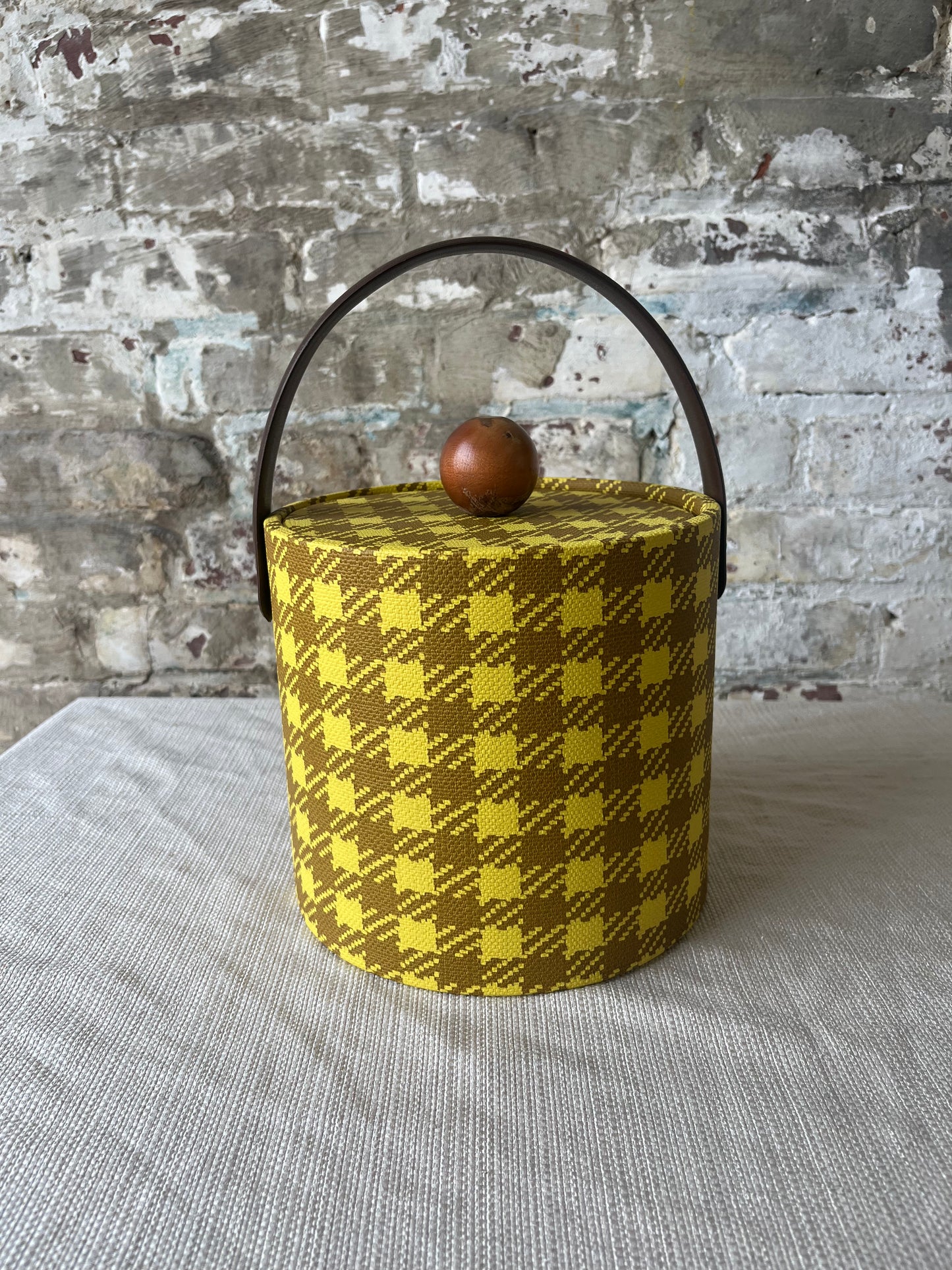 Vintage Plaid Ice Bucket with Leather Handle and Wooden Lid Knob - Mid-Century Modern