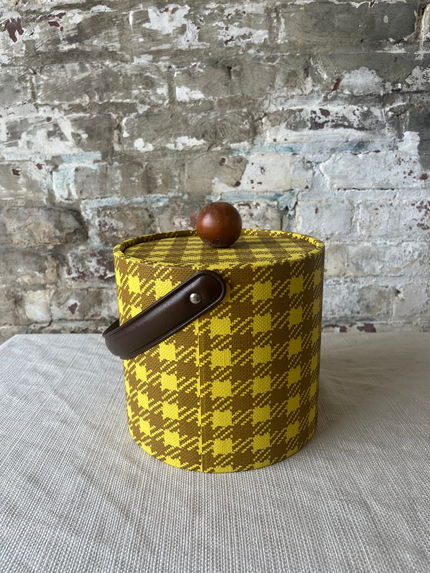 Vintage Plaid Ice Bucket with Leather Handle and Wooden Lid Knob - Mid-Century Modern