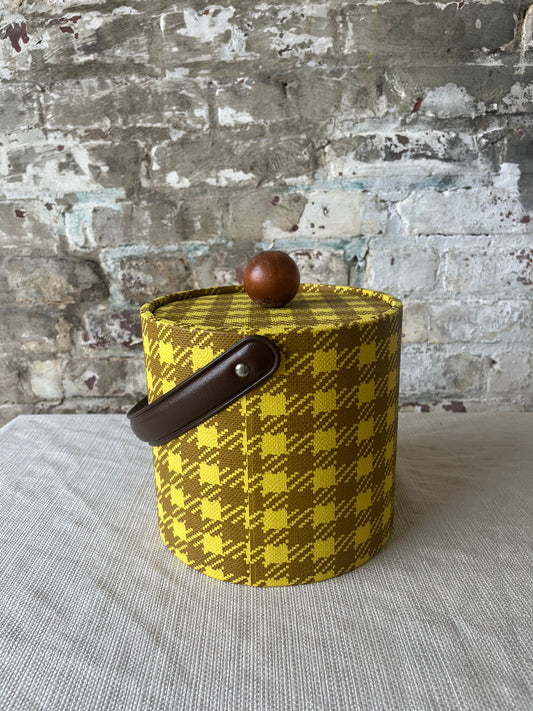 Vintage Plaid Ice Bucket with Leather Handle and Wooden Lid Knob - Mid-Century Modern