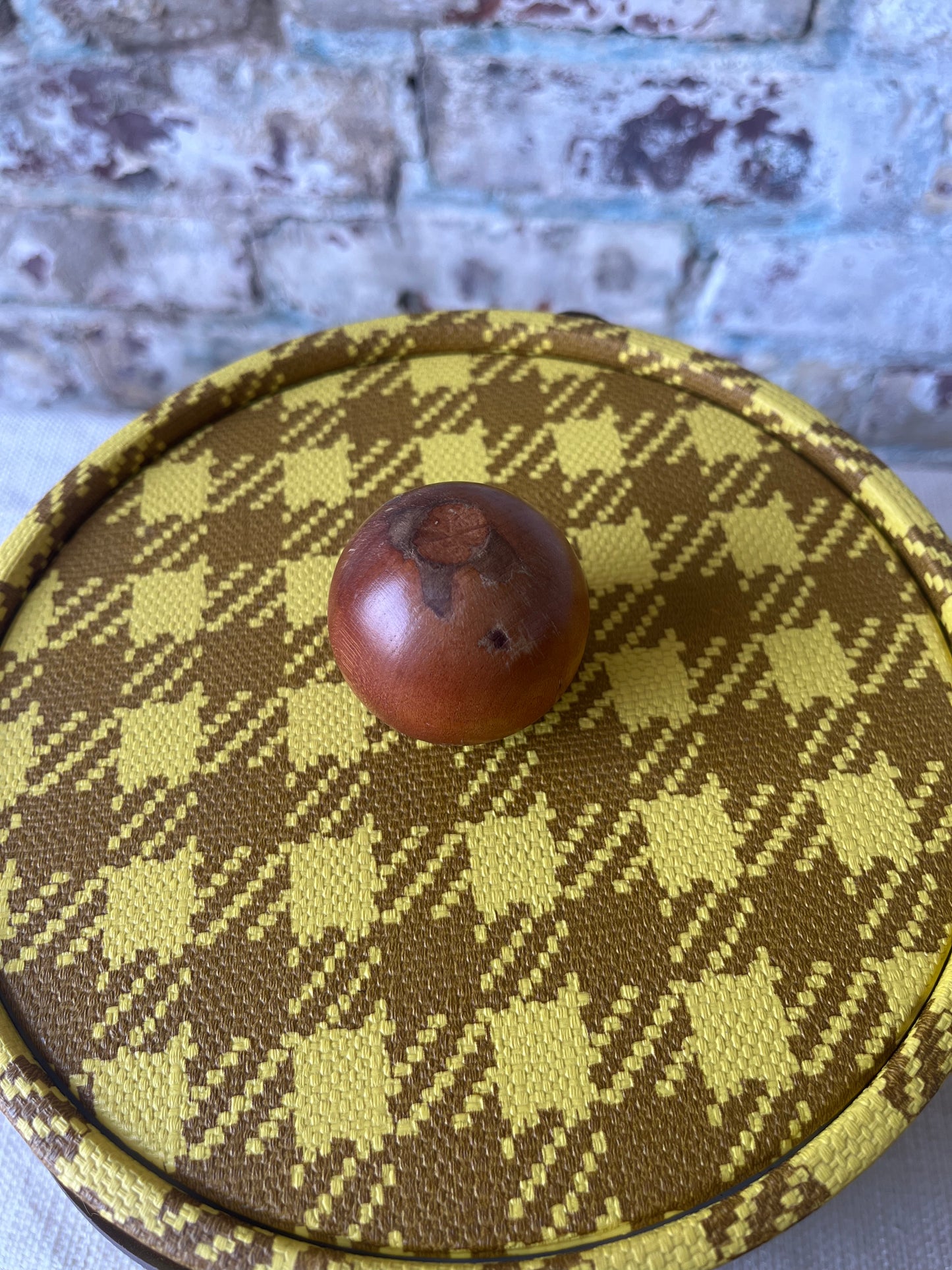 Vintage Plaid Ice Bucket with Leather Handle and Wooden Lid Knob - Mid-Century Modern