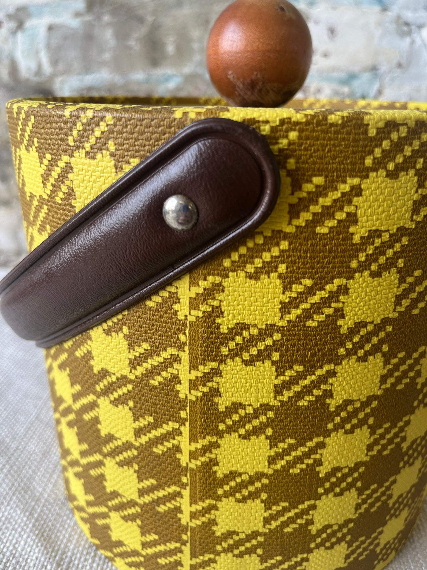 Vintage Plaid Ice Bucket with Leather Handle and Wooden Lid Knob - Mid-Century Modern