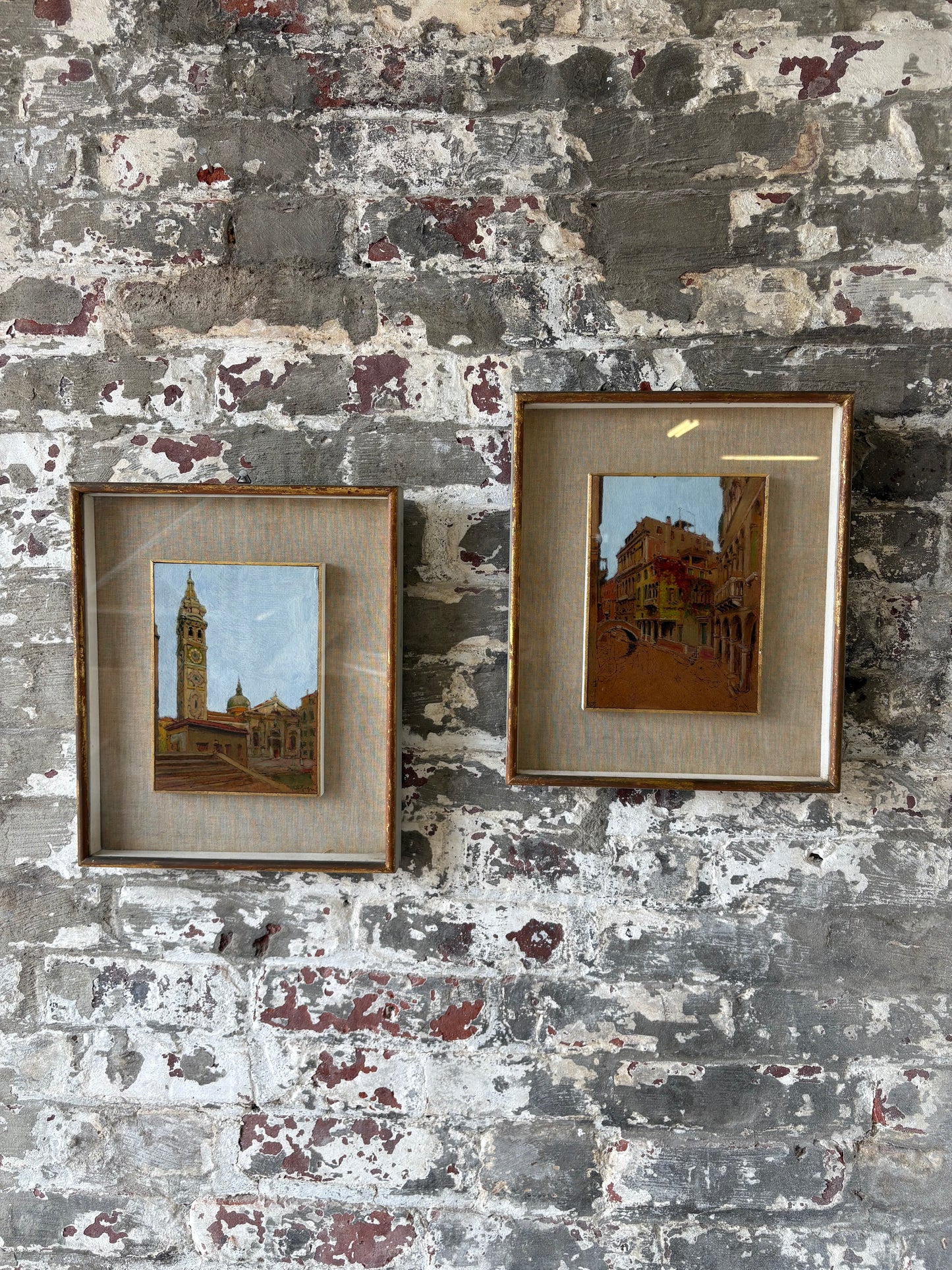 Pair of Vintage Italian Architectural Oil Paintings – Shadowbox Framed – Sourced in Parma, Italy